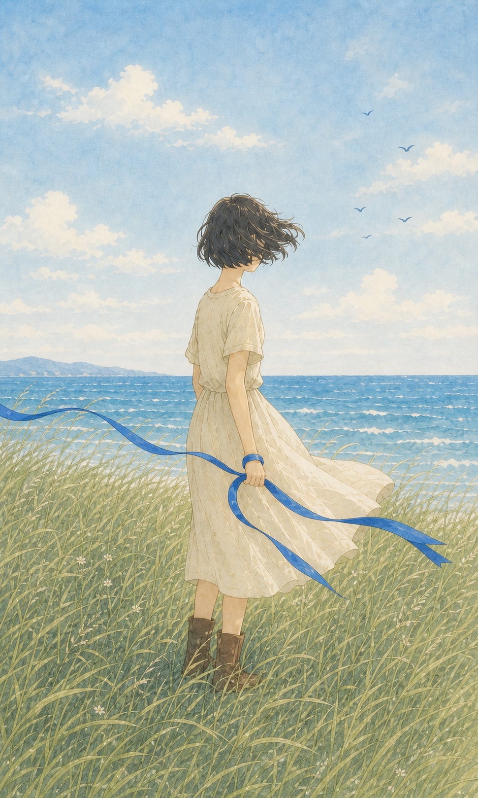 Watercolor illustration of Elise standing in coastal grass with a blue ribbon in her hand.